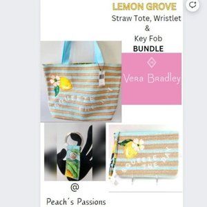 Vera Bradley Straw Tote Bag & Wristlet, & key fob in Retired Lemon Grove…